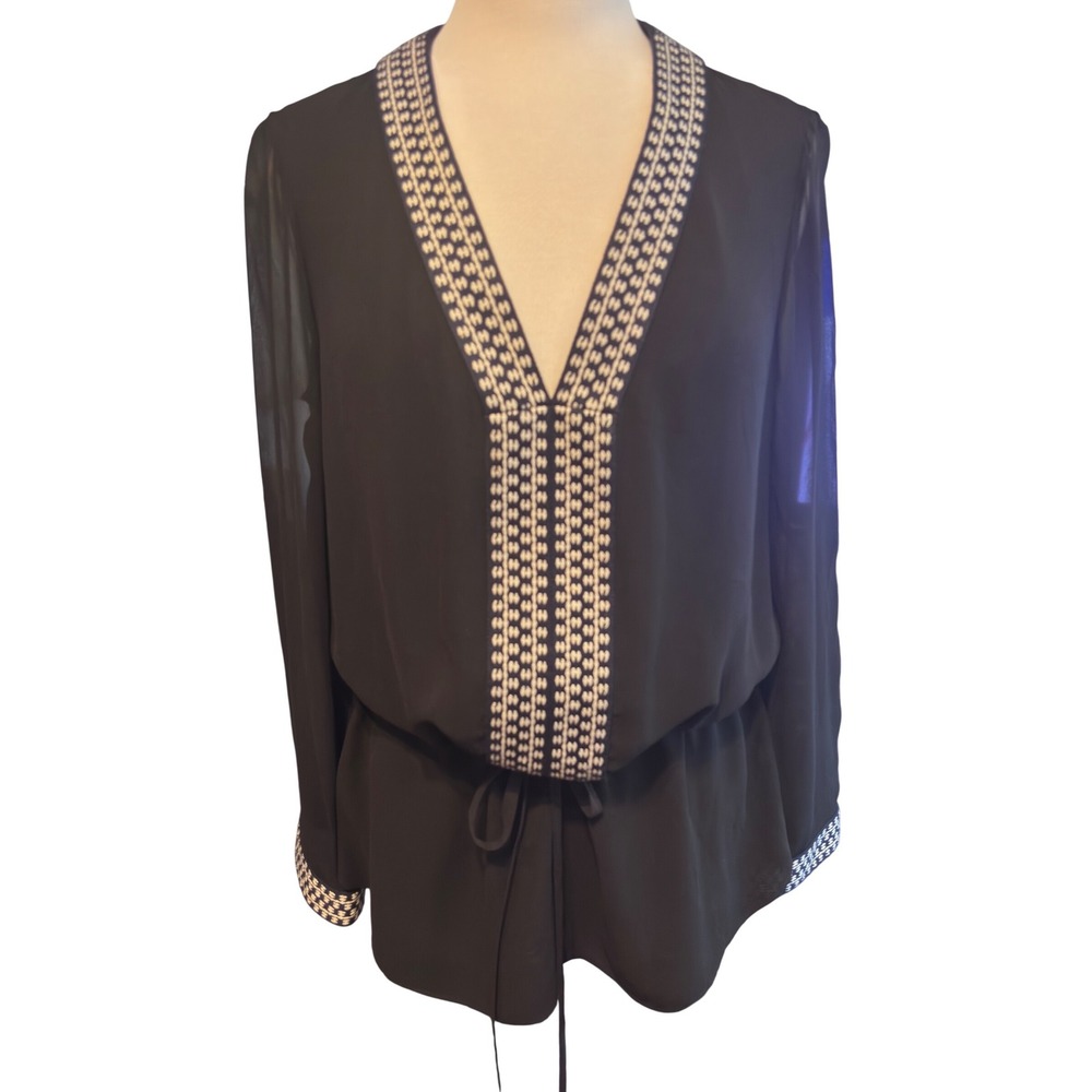 Tory Burch Silk Tunic Blouse Women 8 Black Excellent Embroidered V-Neck 52151136